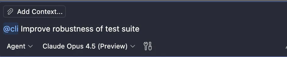 VS Code Copilot Chat showing "Improve robustness of test suite" with background agent options