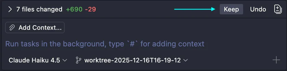 VS Code Copilot Chat showing "Improve robustness of test suite" with keep or discard options